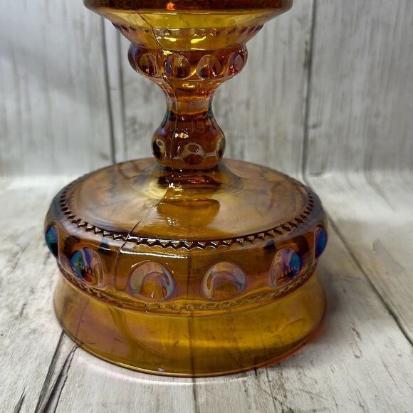 Indiana Glass Kings Crown Thumbprint Pedestal Compote Candy Dish Iridescent Gold - Picture 5 of 6
